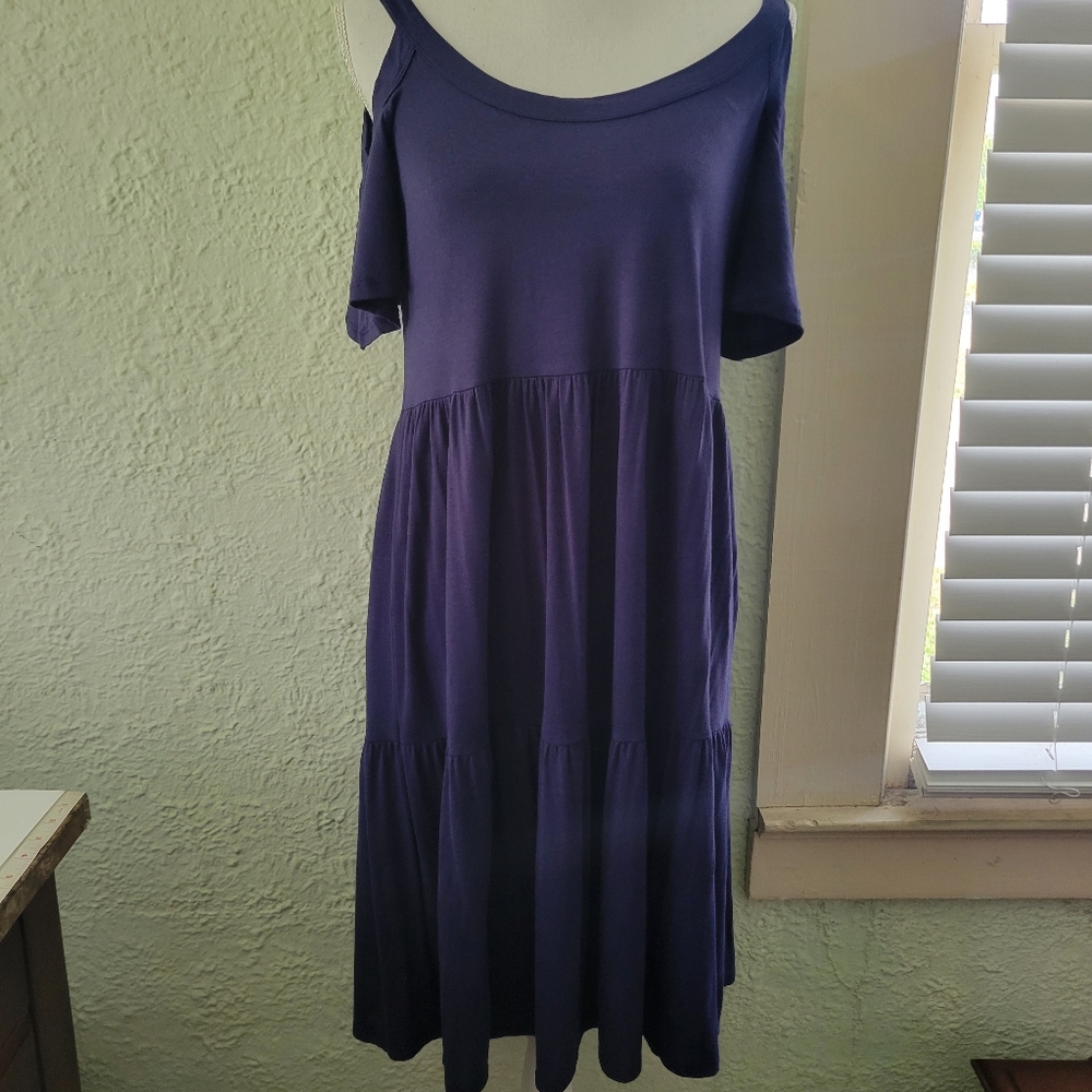 Sweet Lovely By Jen Dress Womens Medium Blue Cold Shoulder Midi Summer Pullover.